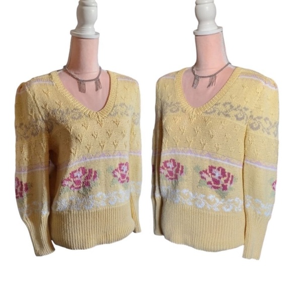 VTG 70s Yellow Pink Floral Cable Knit Vneck Sweater Large *Fits like Small - Picture 7 of 16